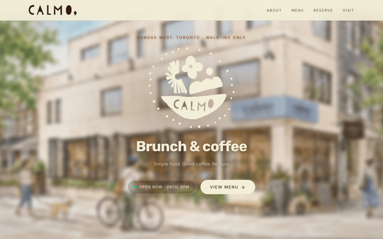 Calmo Cafe homepage hero — brunch and coffee on Dundas West