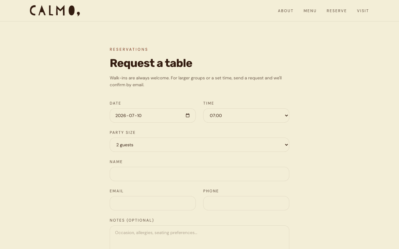 Calmo request-a-table reservation form