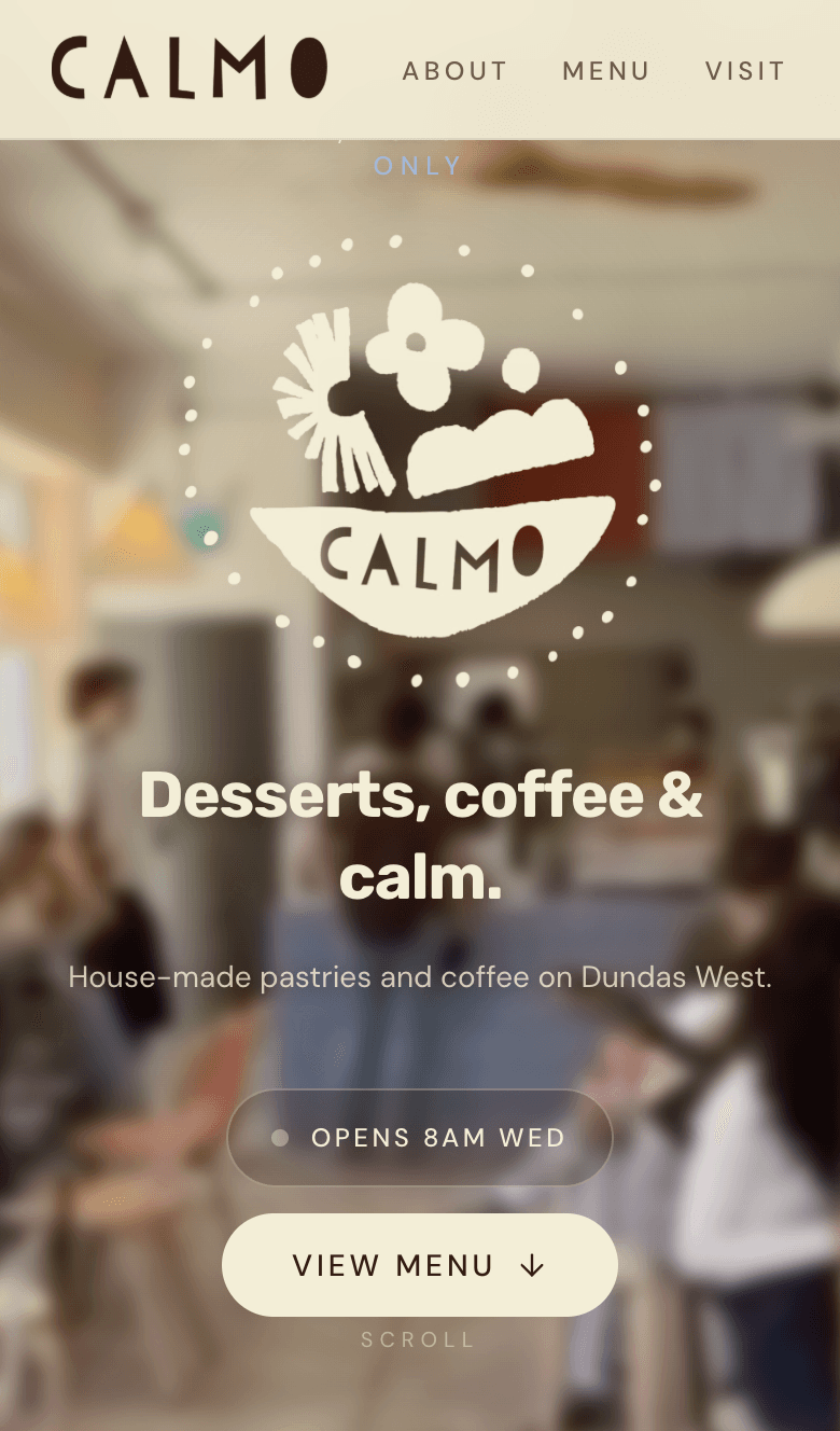 Calmo Cafe homepage on mobile