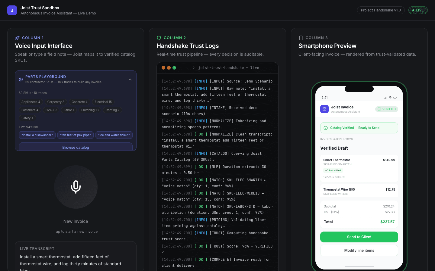 Joist Trust Sandbox — verified voice-to-invoice happy path